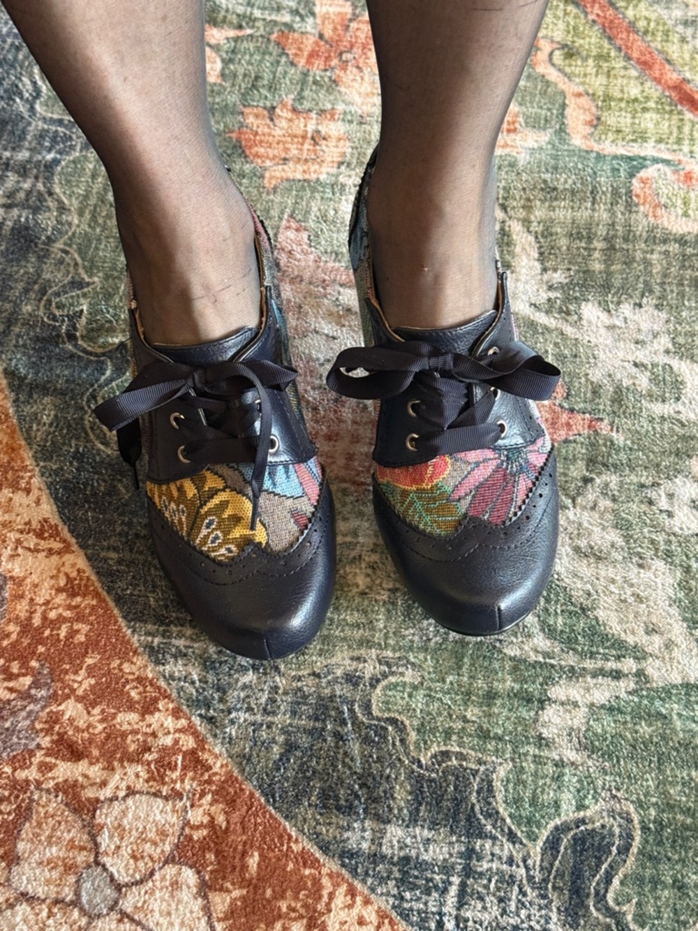 Floral Textile and Black Leather Lace-Up Women's Boots